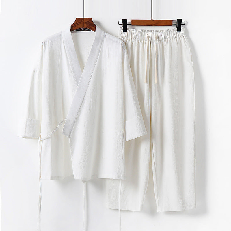 Unisex Leichtes Kimono-Lounge-Set aus weichfallendem Baumwoll-Mix mit Tunnelzughose Echoarchiv