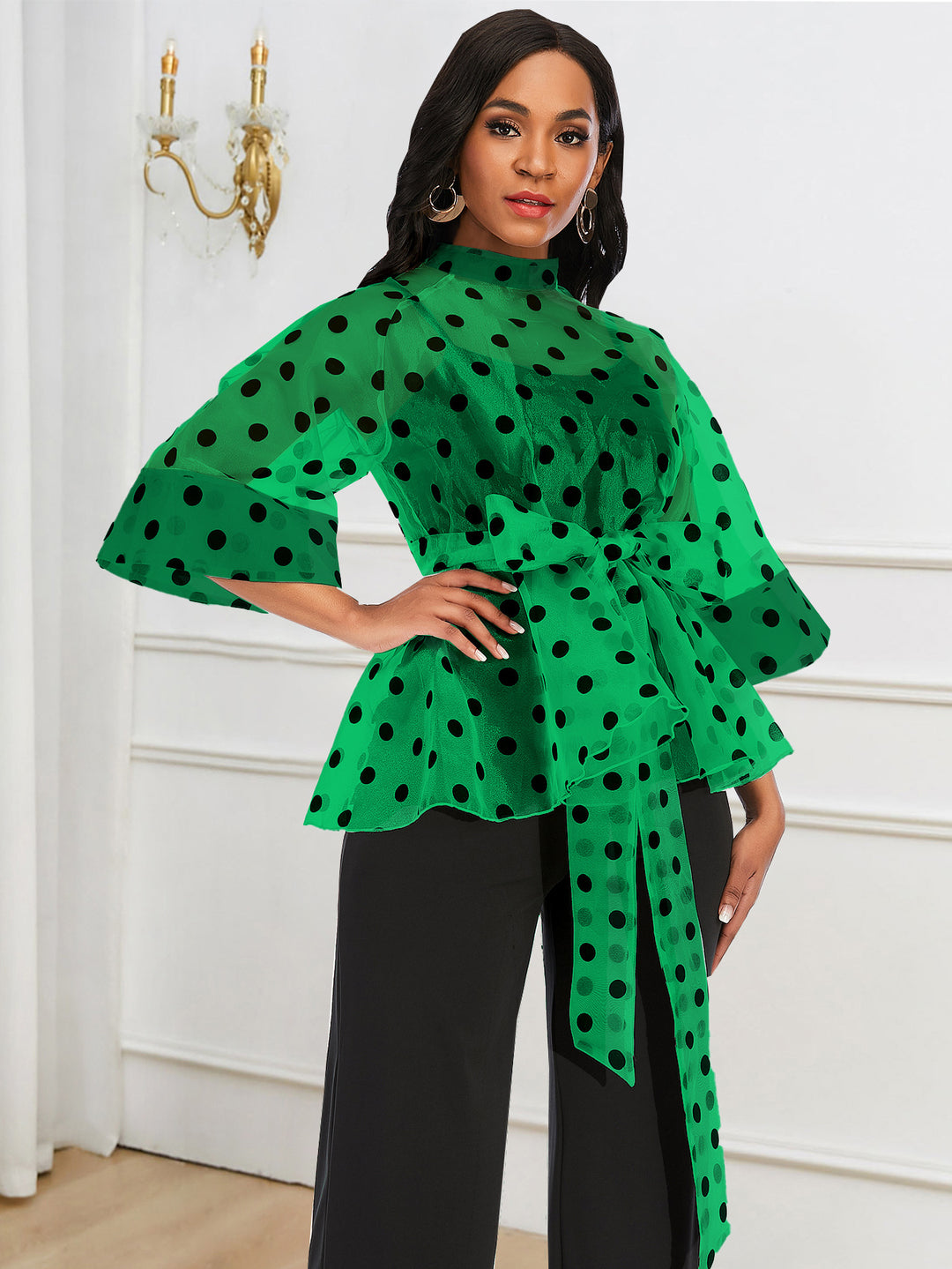Damen Chiffonbluse mit transparentem Polka-Dots-Design und tailliertem Bindegürtel Echo Archiv