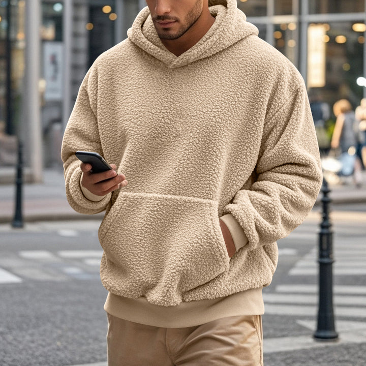 Herren Sherpa-Kapuzenpullover im Teddy-Fleece mit Kängurutasche und Rippbündchen Echoarchiv