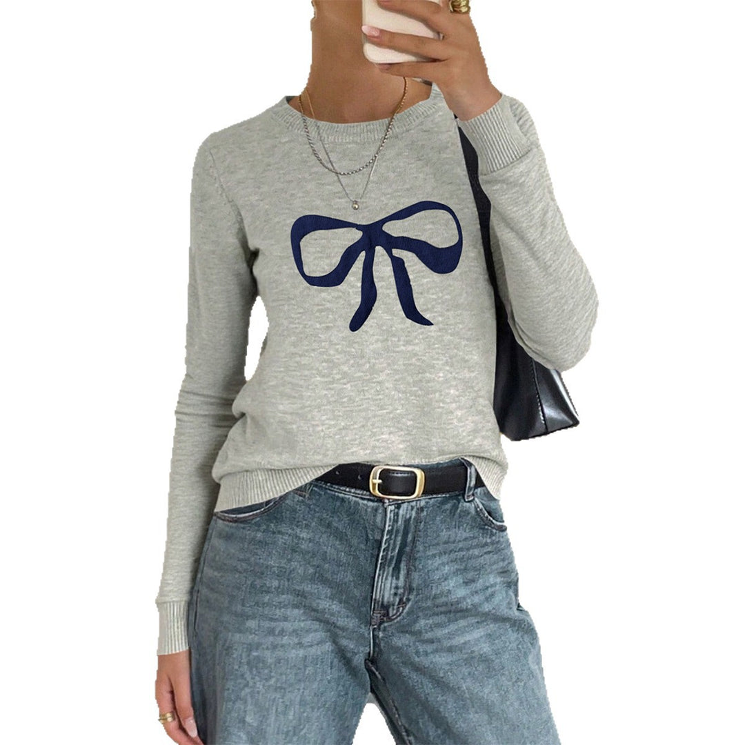 Damen Feinstrickpullover mit großem Schleifenprint, Rundhalsausschnitt und schmaler Passform – Mavelle