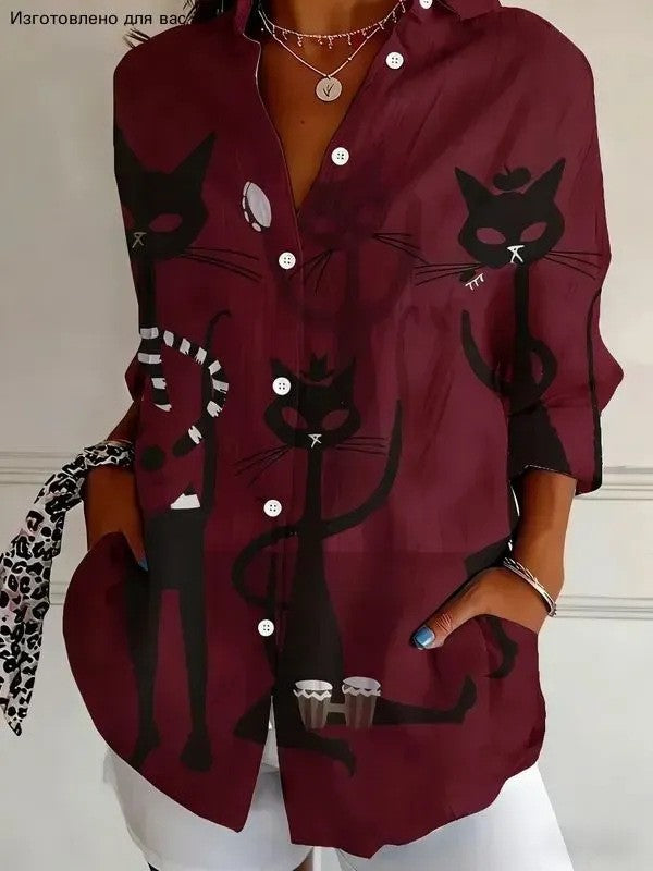 Damen Modische Hemdbluse mit einzigartigem Katzenmotiv Echoarchiv