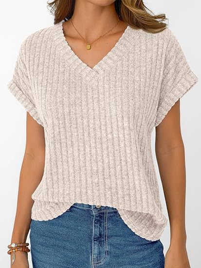 Damen lässiges V-Ausschnitt T-Shirt mit Streifenstruktur Echo Archiv