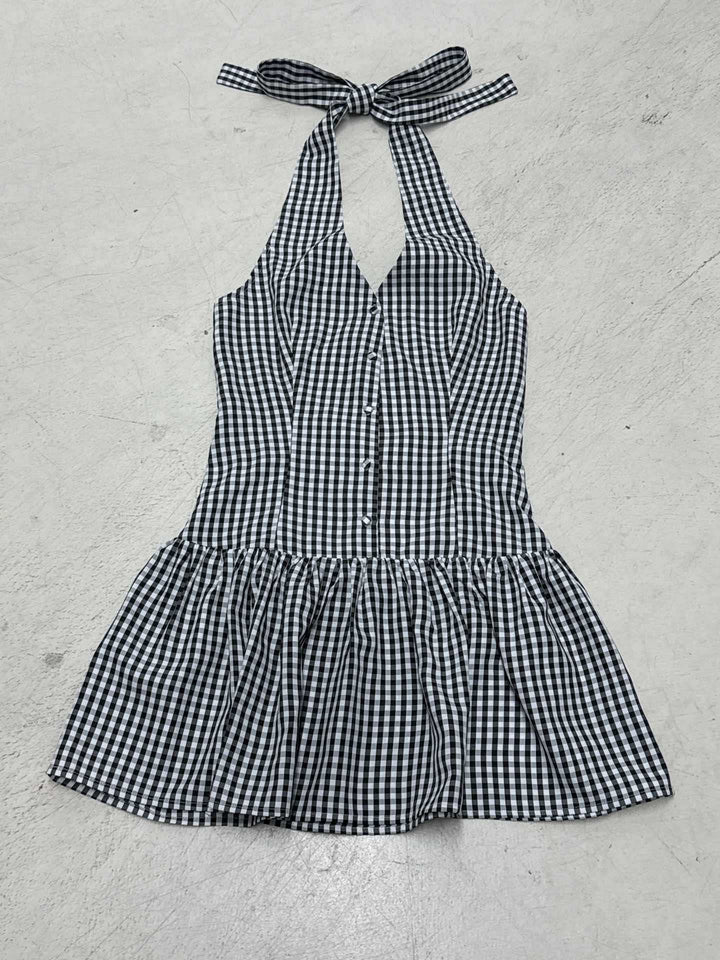 Damen V-Ausschnitt Kleid mit schwingendem Saum und Knopfdetails Echo Archiv