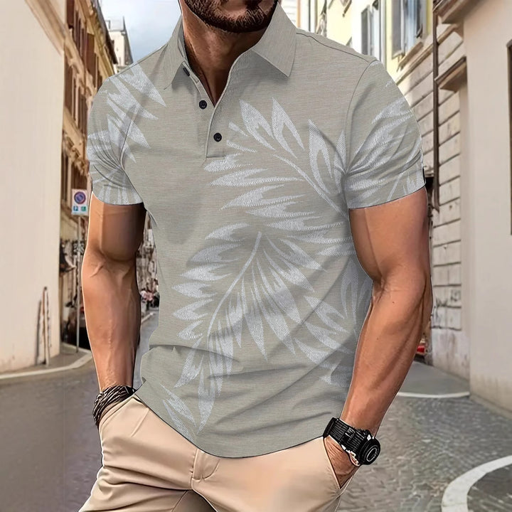 Herren Poloshirt mit tropischem Blattmuster und atmungsaktivem Stoff Echoarchiv