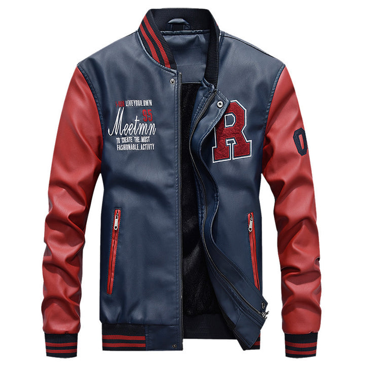 Herren Varsity-Bomberjacke im College‑Stil aus Kunstleder mit kontrastierenden Ärmeln und Stickpatches Echo Archiv