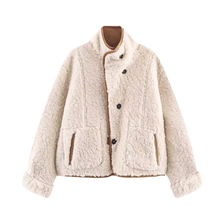 Damen Kurze Schaffelloptik-Jacke mit Stehkragen und großen aufgesetzten Taschen Echoarchiv