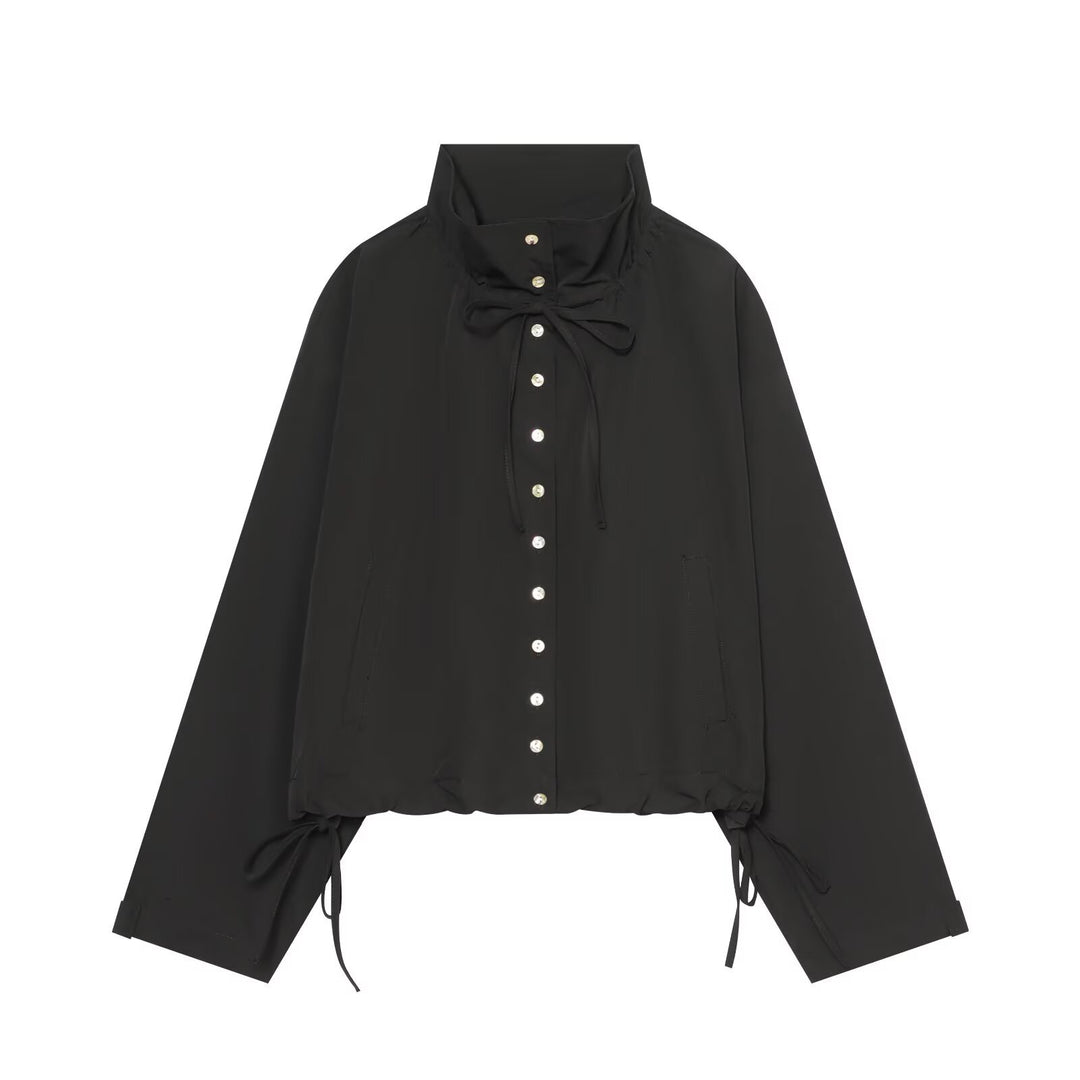 Damen Kurzer Cropped-Blouson mit hohem Stehkragen, Knopfleiste und Tunnelzugsaum Echo Archiv