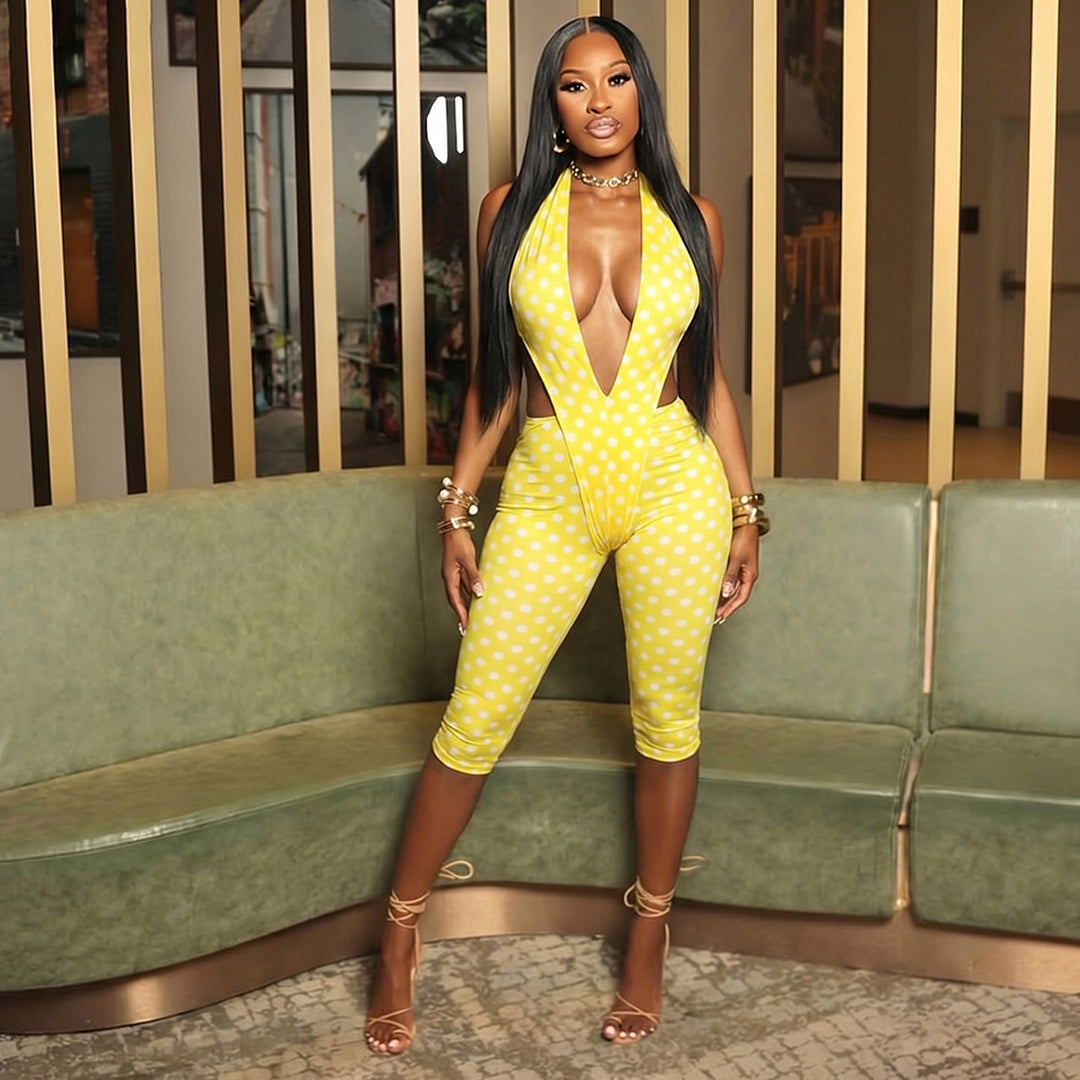 Damen figurbetonter Jumpsuit mit tiefem V-Ausschnitt und Bindegürtel Echo Archiv