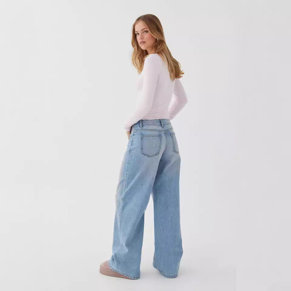 Damen nan weites Denim Hosenmodell mit tiefem Bund und weitem Schlag Echo Archiv
