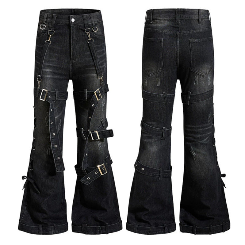 Damen Bondage-Flared-Jeans mit dekorativen Schnallen, Riemen und Used-Look Echoarchiv