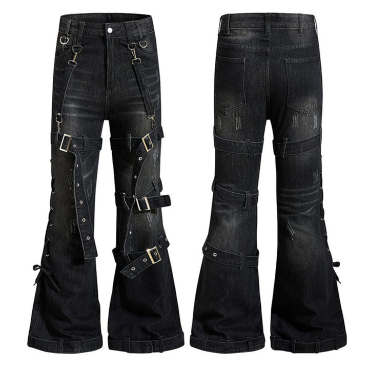Damen Bondage-Flared-Jeans mit dekorativen Schnallen, Riemen und Used-Look Echoarchiv