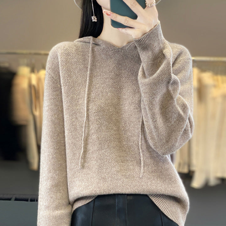 Damen weicher Feinstrick‑Kapuzensweater mit melierter Struktur und gerippten Bündchen Echoarchiv