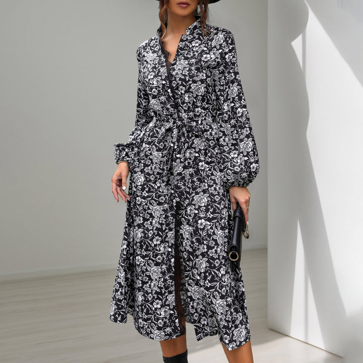 Damen Midikleid mit Spitzenbesatz am Ausschnitt, verdeckter Knopfleiste, Taillenbindegürtel & floralem Allover-Print Echoarchiv