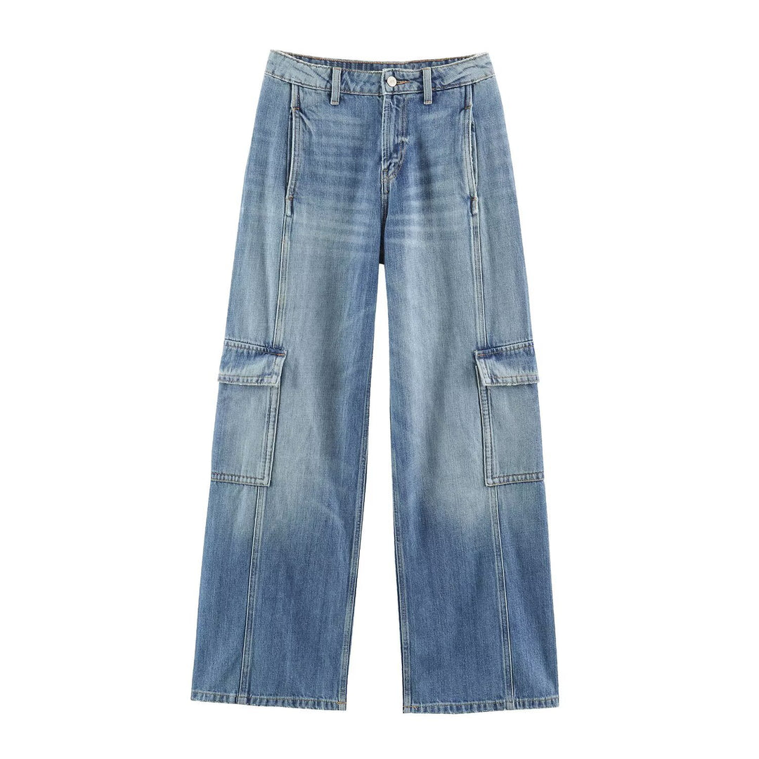 Damen Weite Cargo-Jeans mit hohem Bund, aufgesetzten Pattentaschen und Ziernähten Echo Archiv