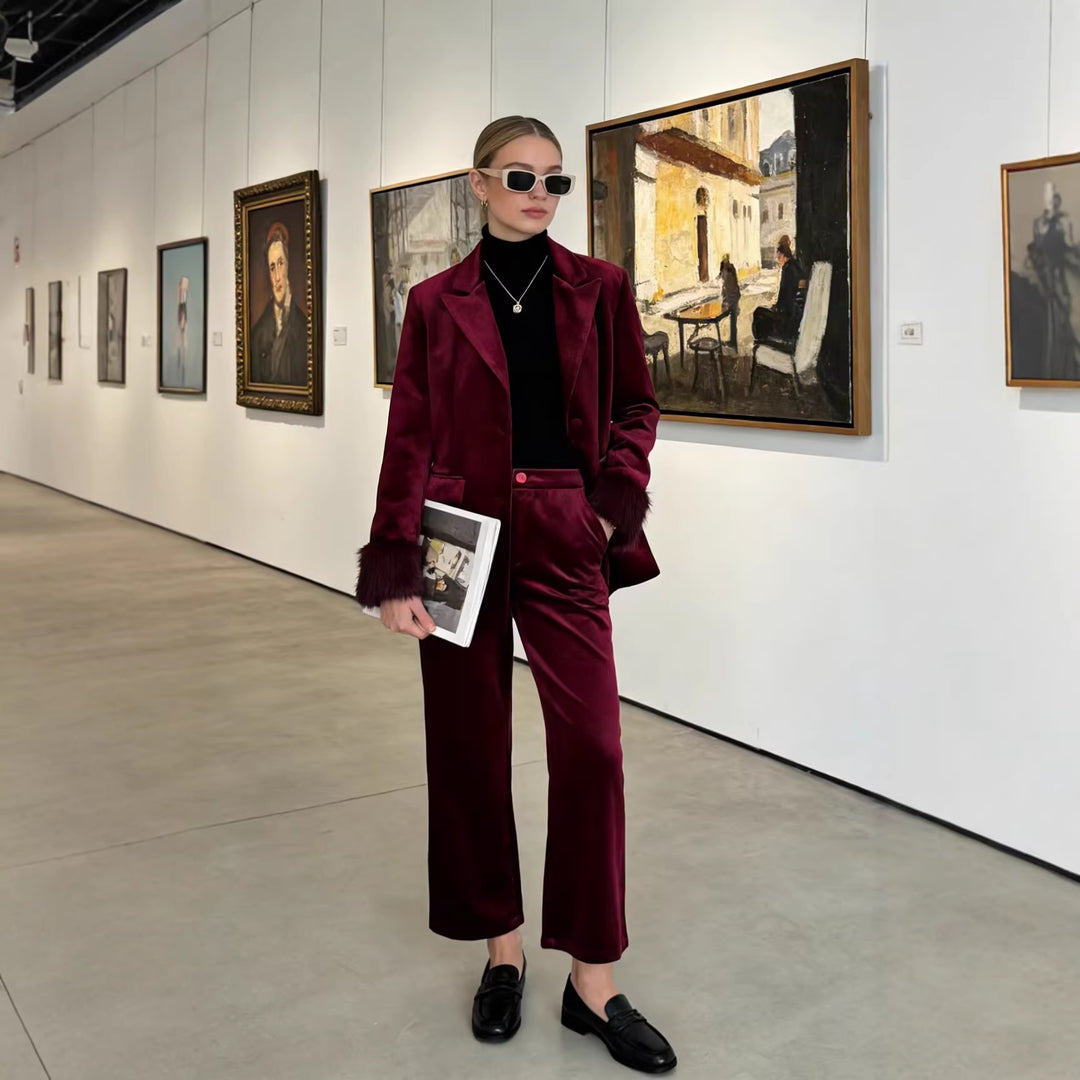 Damen Taillierter Samt-Blazer mit Kunstfellmanschetten und Pattentaschen Echo Archiv
