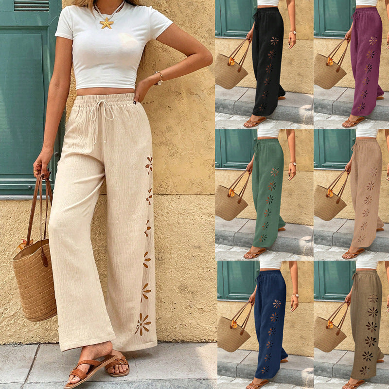 Damen Weite Leinenhose mit Blumen-Applikationen und Elastikbund Echo Archiv