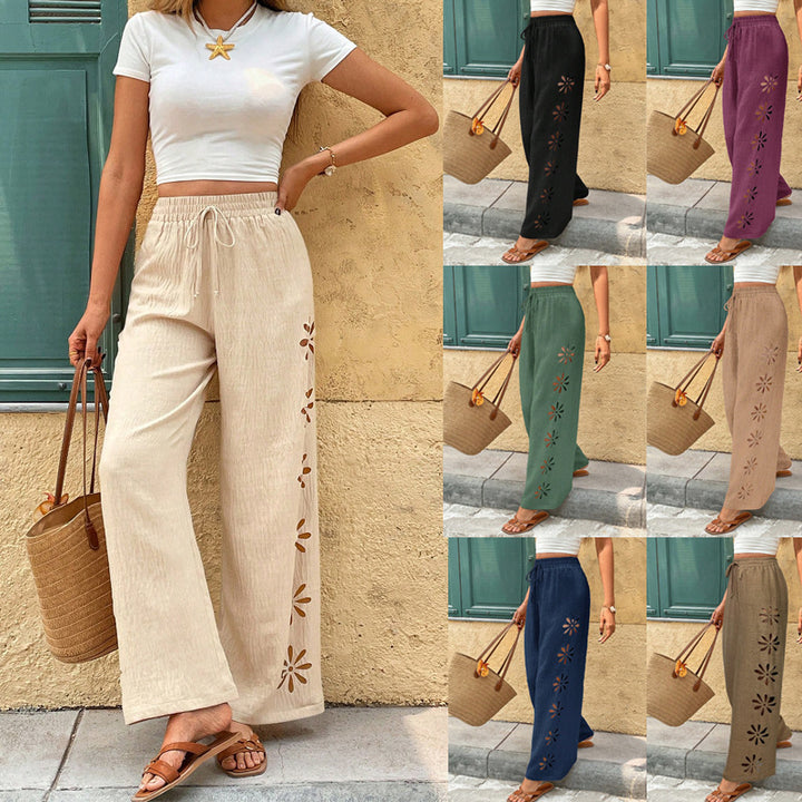 Damen Weite Leinenhose mit Blumen-Applikationen und Elastikbund Echo Archiv