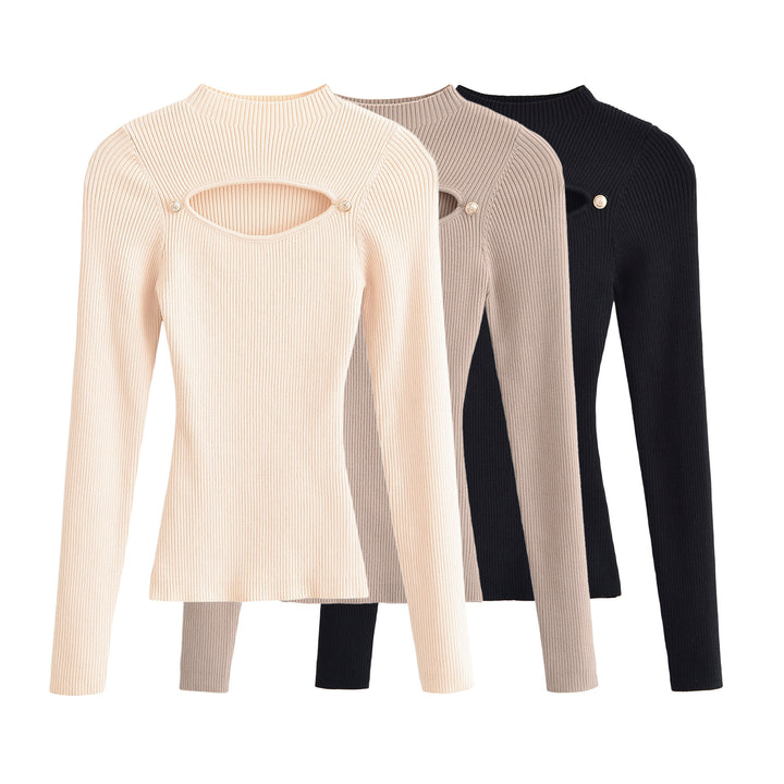 Damen Gerippter Stretch-Feinstrickpullover mit Brust-Cut-Out und Zierknöpfen Echoarchiv