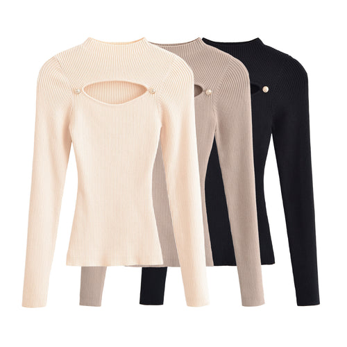 Damen Gerippter Stretch-Feinstrickpullover mit Brust-Cut-Out und Zierknöpfen Echoarchiv