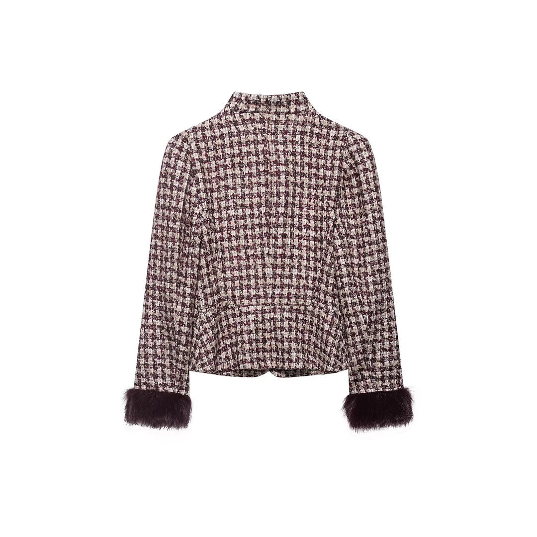 Damen Kurz geschnittener Bouclé‑Tweed‑Blazer mit Stehkragen und Fellmanschetten Echo Archiv