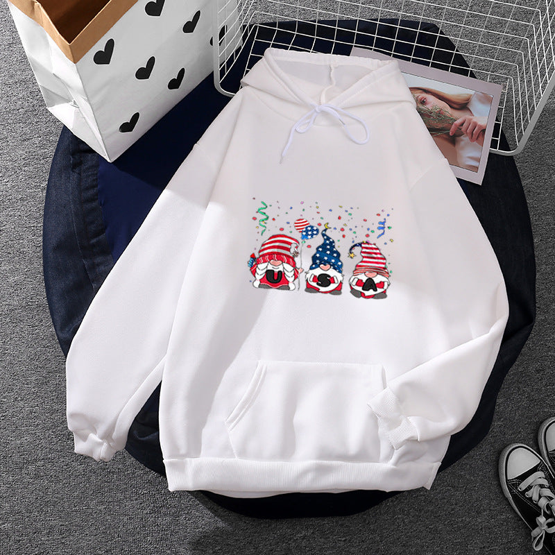 Damen Kapuzenpullover mit patriotischem Gartenzwerg-Print, angerautem Fleece-Innenfutter, Oversize-Schnitt und Kängurutasche – Auréline