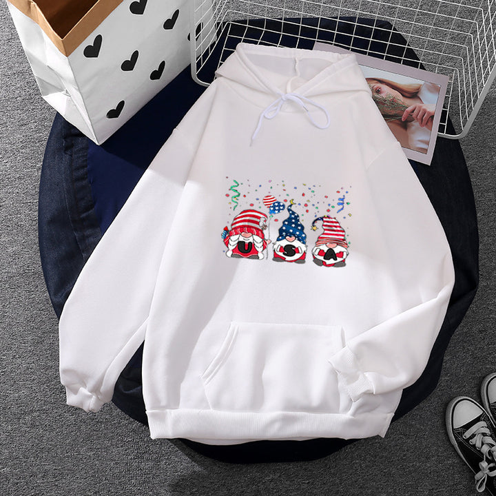 Damen Kapuzenpullover mit patriotischem Gartenzwerg-Print, angerautem Fleece-Innenfutter, Oversize-Schnitt und Kängurutasche – Auréline