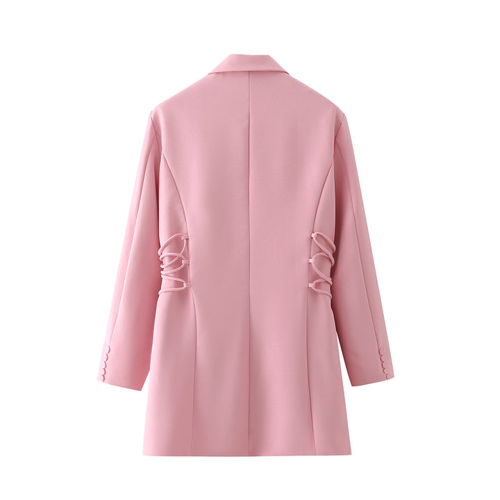 Damen taillierter Longblazer mit seitlicher Schnürung und Pattentaschen – Célinea