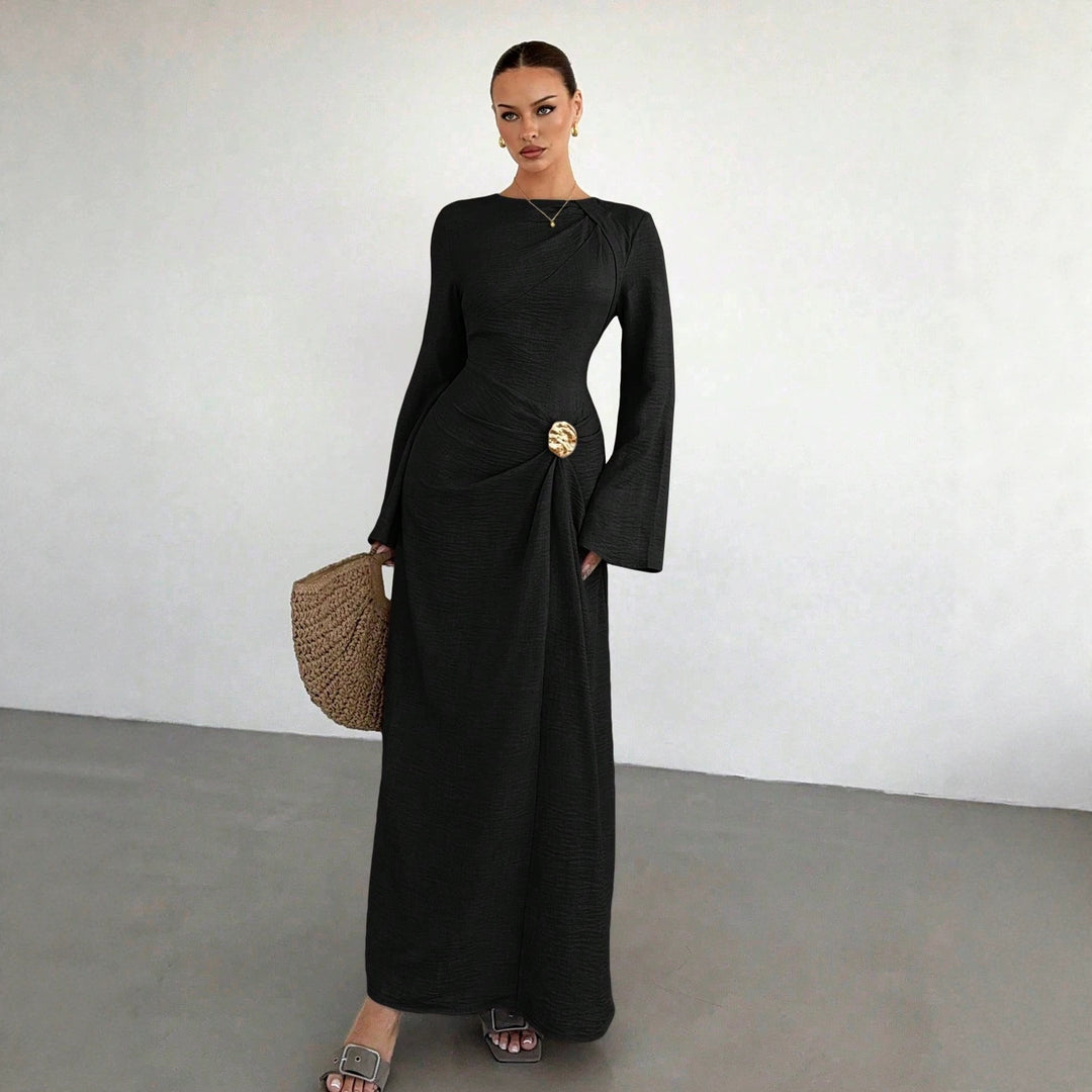 Damen Maxikleid mit Drapierter Taille, langen Glockenärmeln und Zierbrosche Echo Archiv