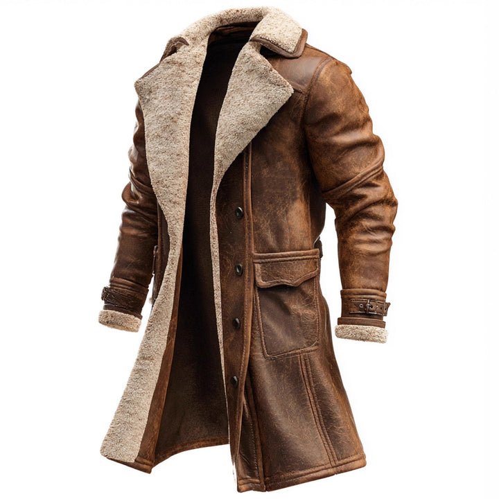 Herren nan langer vintage Biker-Ledermantel mit durchgehendem Sherpa-Futter, Pattentaschen und verstellbaren Schnallenmanschetten Echo Archiv