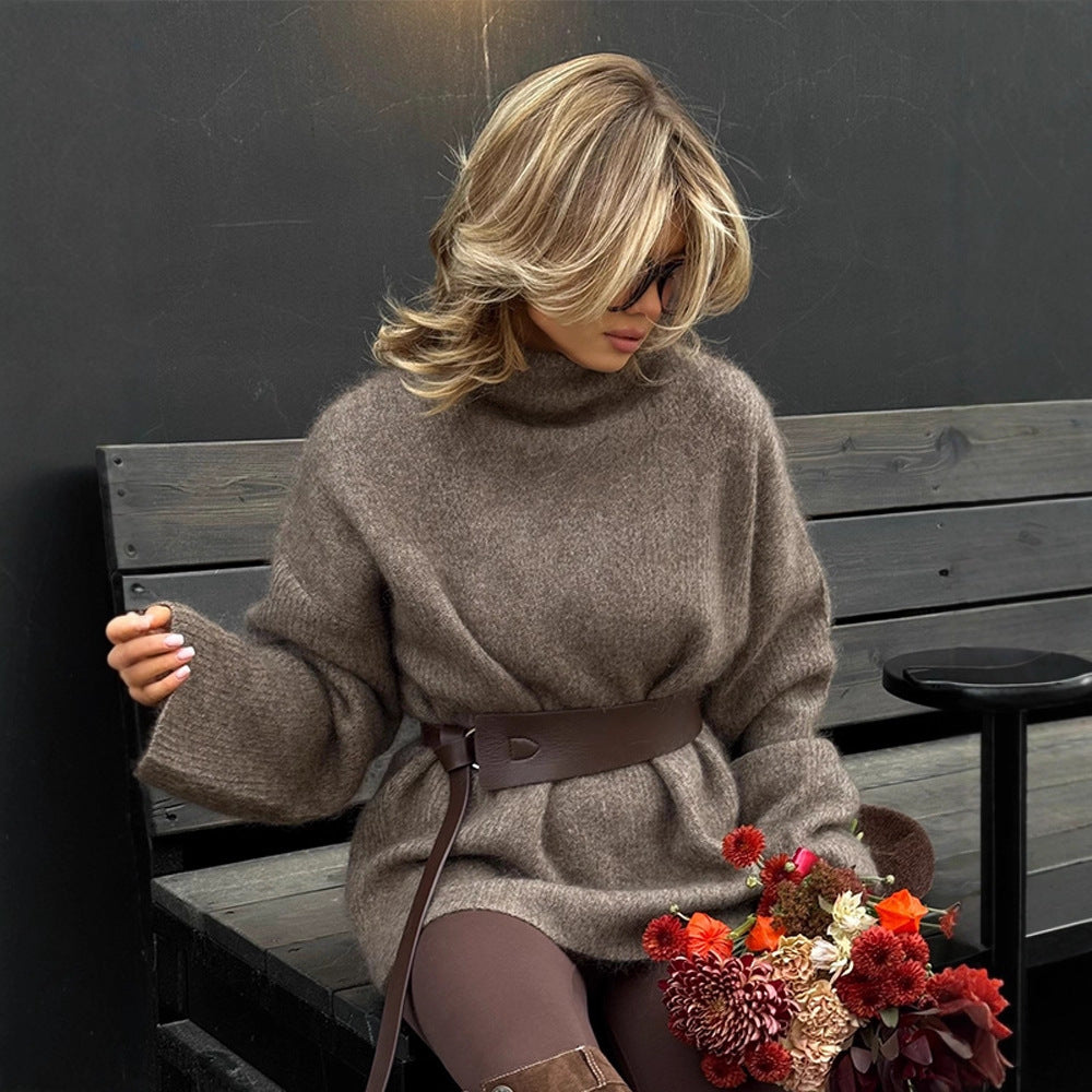 Damen Oversize Mohair-Mix Rollkragen-Pulloverkleid mit Ballonärmeln und Taillengürtel Echoarchiv