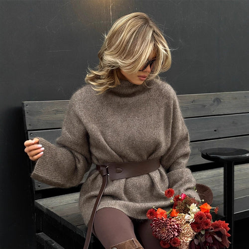 Damen Oversize Mohair-Mix Rollkragen-Pulloverkleid mit Ballonärmeln und Taillengürtel Echoarchiv