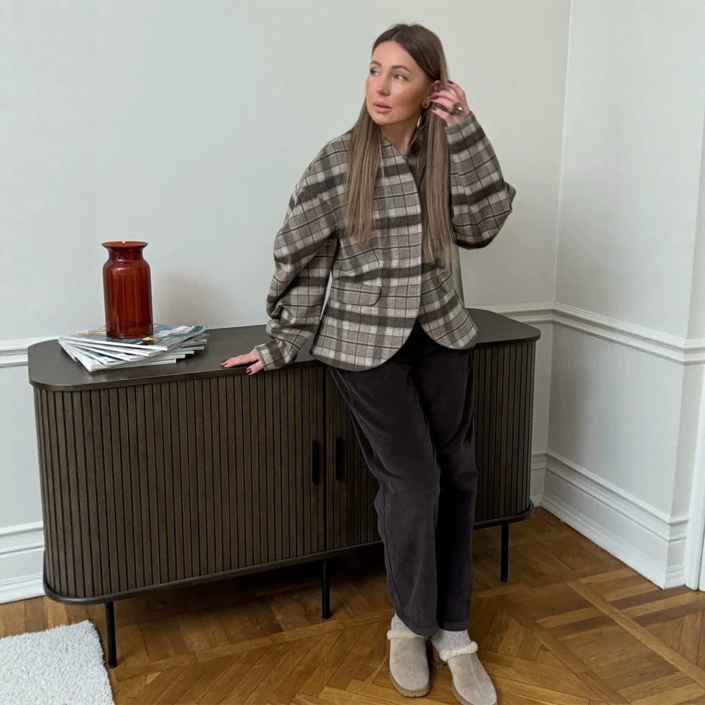 Damen Karierter Boxy‑Blazer mit voluminösen Ballonärmeln Echoarchiv