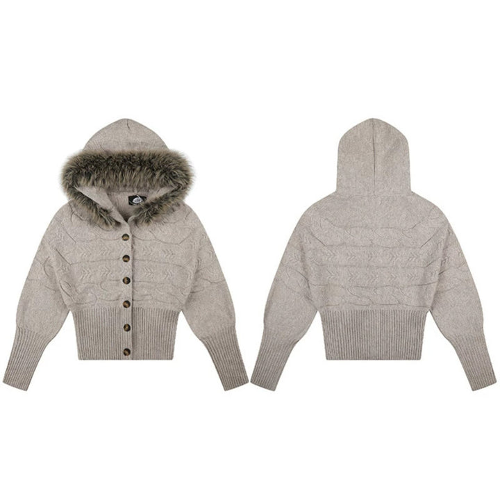 Damen Kapuzen‑Strickjacke mit Zopfmuster, Kunstfellbesatz und tailliertem Rippenbund Echoarchiv