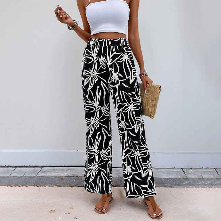 Damen Weite Leinenoptik-Hose mit hohem Bund und floralem Print Echoarchiv