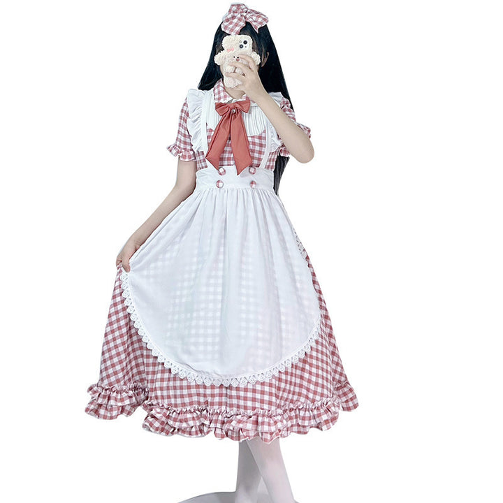 Damen nan vintage-inspiriertes Lolita-Kleid mit Karomuster Volants und abnehmbarer Schürze Echo Archiv