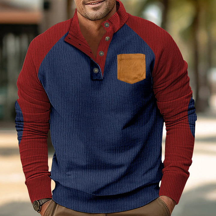 Herren nan geripptes Waffel-Henley-Langarmshirt mit Stehkragen Druckknopfleiste Kontrastärmeln und Brusttasche Echo Archiv