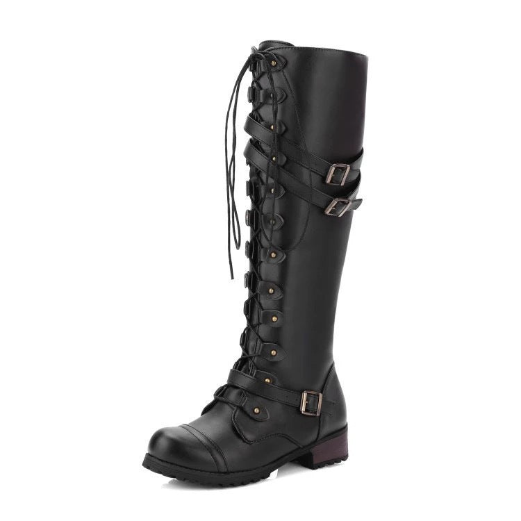 Damen Kniehohe Schnürstiefel mit verstellbaren Zierschnallen und robuster Profilsohle – Lioré