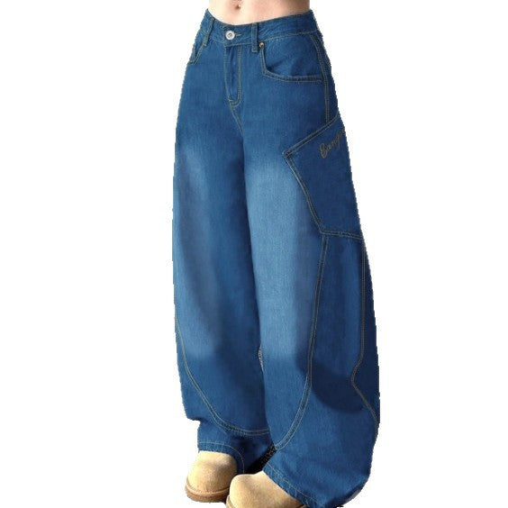 Damen Weite High-Waist Balloon-Jeans mit Utility-Taschen und kontrastierenden Nähten Echo Archiv