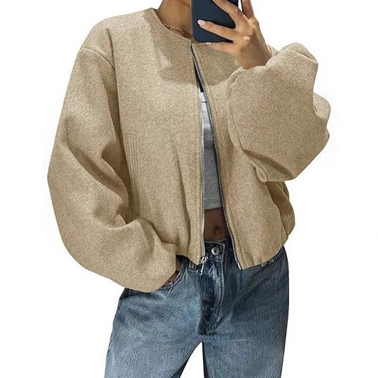 Damen Kurzjacke mit durchgehendem Reißverschluss, Ballonärmeln und elastischem Saum Echoarchiv