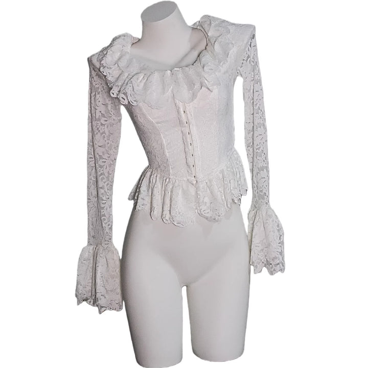 Damen Spitzen-Corsage mit Rüschenkragen und Glockenärmeln Echoarchiv