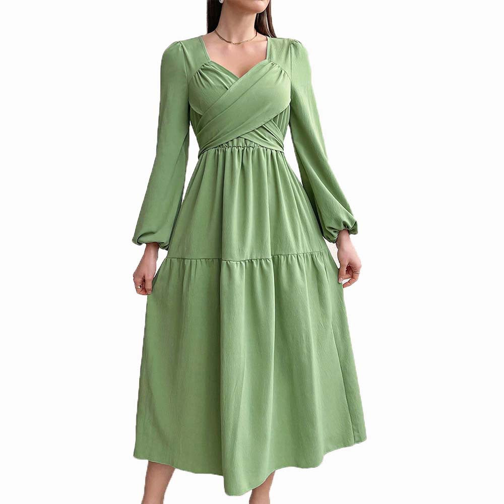 Damen langärmeliges Midikleid mit überkreuztem Drapé-Bustier, elastischer Unterbrustnaht und zweistufigem Stufenrock – Élara