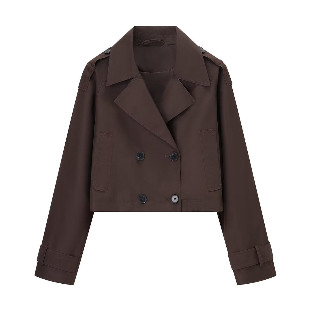 Damen nan kurze taillierte Doppelreiher-Trenchjacke im Boxy-Cropped-Schnitt mit Schulterpatten und verstellbaren Manschetten Echo Archiv