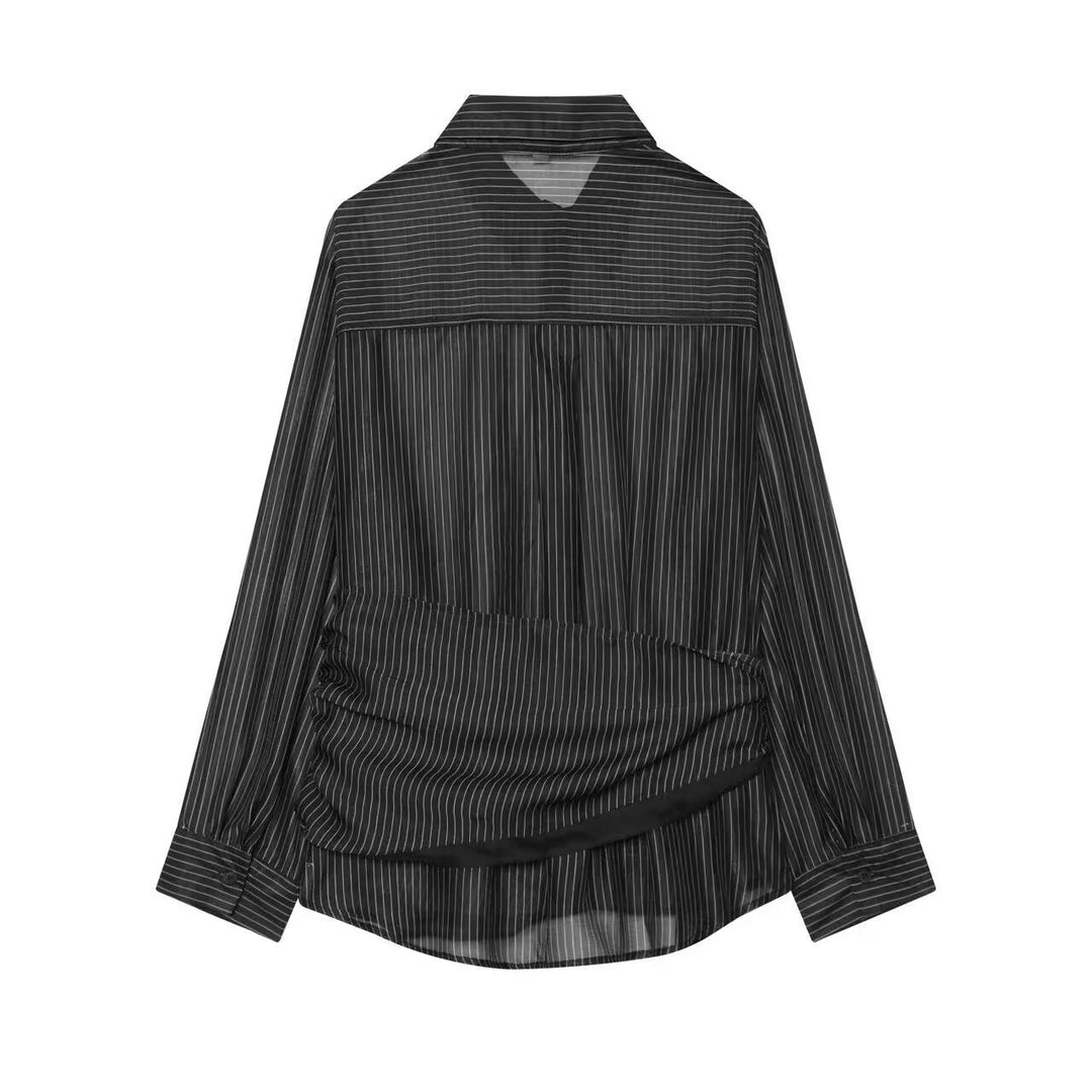 Damen Nadelstreifen-Seidenoptik-Bluse mit seitlicher Knotendetail Echoarchiv
