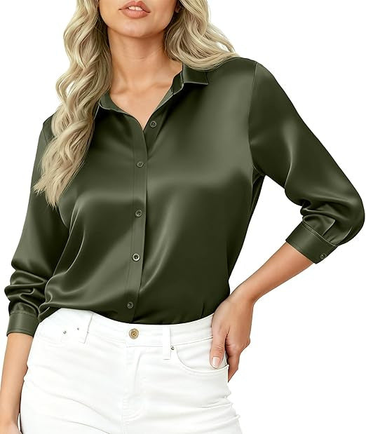 Damen Seidiges Satin-Blusenshirt mit Hemdkragen und dreiviertel Ärmeln – Élovi