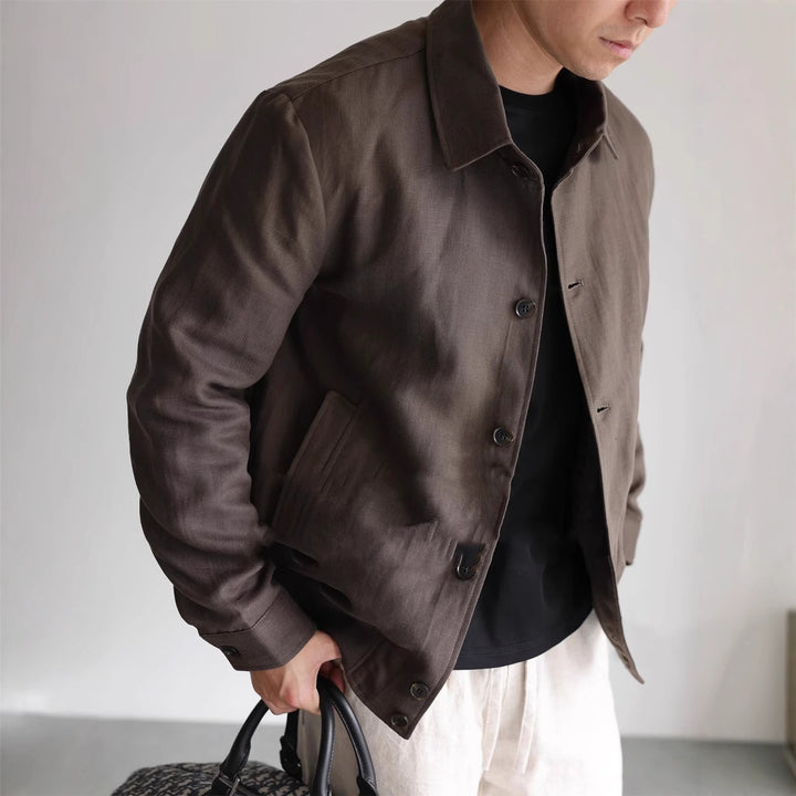 Herren Leichte Leinenjacke mit Hemdkragen und durchgehender Knopfleiste Echoarchiv