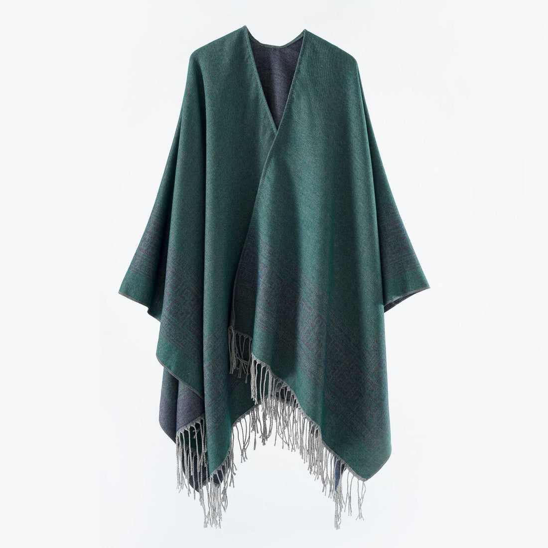 Damen Reversibler Wollmix‑Überwurf im Kimono‑Fall mit ornamentaler Bordüre und Zierfransen – Célinea