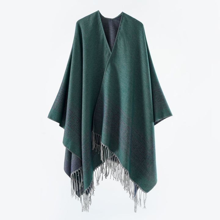 Damen Reversibler Wollmix‑Überwurf im Kimono‑Fall mit ornamentaler Bordüre und Zierfransen – Célinea