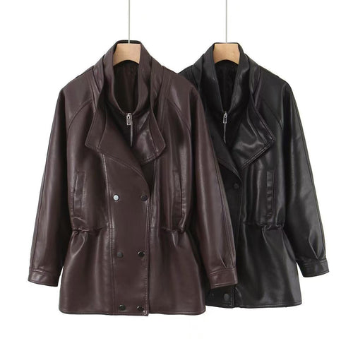 Damen Oversized Kunstlederjacke mit hohem Stehkragen und doppelreihiger Knopfleiste Echo Archiv