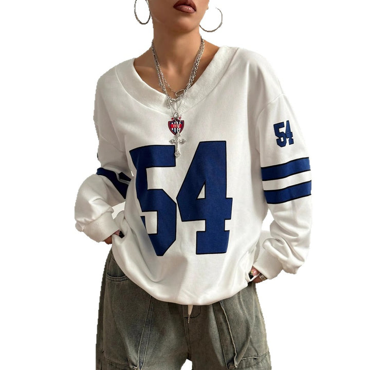 Damen Lockeres College-Sweatshirt im Off-Shoulder-Look mit großem Nummernprint – Avérine