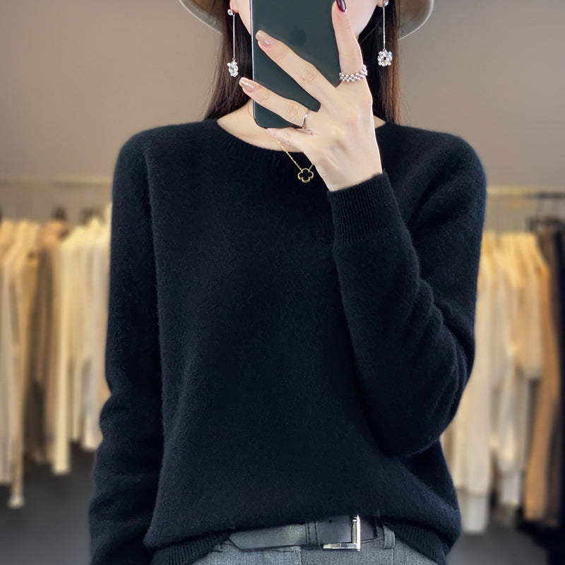 Damen Kuscheliger Midweight Rundhals-Pullover aus Angora-Blend mit feinem Flor und schmalem Bündchen Echoarchiv